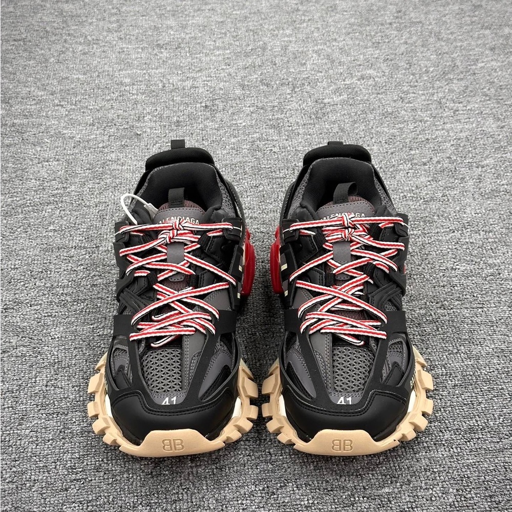 Balenciaga Black, Red & Beige Track Leather Mesh Sneakers - Picture 2 of 9